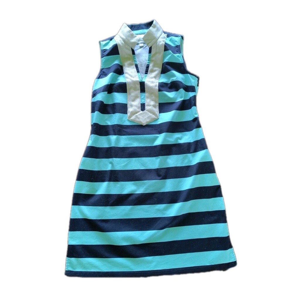 Sail to Sable STS Womens MED Striped Tunic Dress Teal Navy Gold Collar Coastal